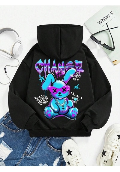 Startmore Beyaz Tavşan Karikatürler Crewneck Siyah
