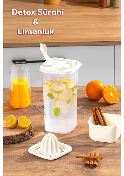 Porsima 1110 Detoks Sürahi & Limonluklu Matara Şeffaf-beyaz 2 Lt
