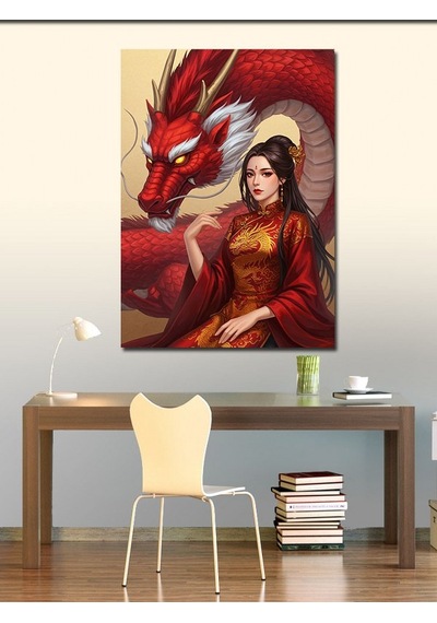 Kanvas Tablo Ejderha Ve Kırmızı Elbiseli Kadın 50cmx70cm