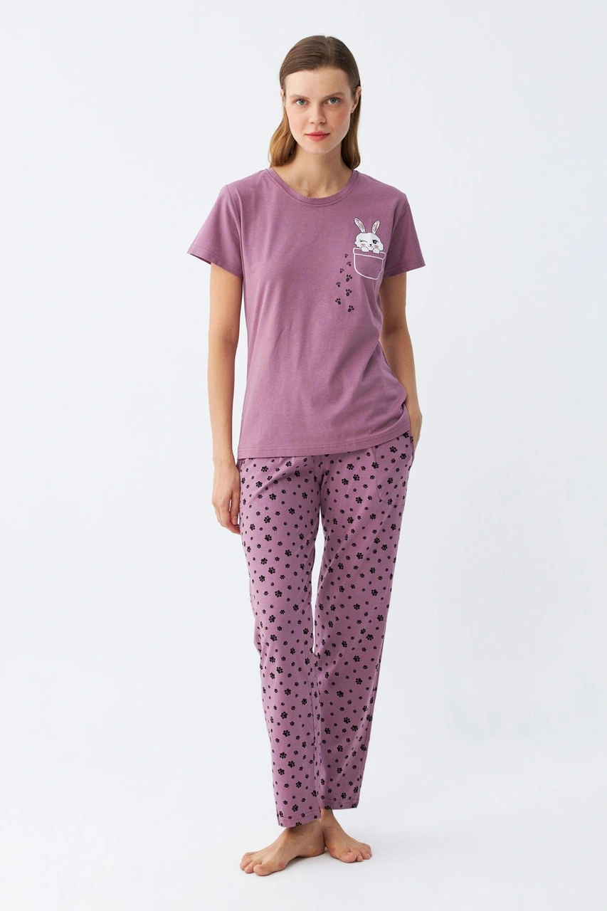 Akbeniz Kadın Mor Patili Tavşan Baskılı Cepli Pijama Takımı Mor