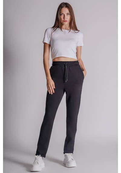 Braccas Kadın Yandan Cepli Beli Lastikli Duble Paça Kordonlu Slim Fit Jogger Pantolon Siyah Siyah