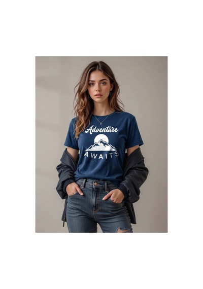 North Whiskers Adventure Awaits Doğa Ve Kamp Temalı Baskılı %100 Pamuklu T-shirt Lacivert - 874905630 Lacivert - 874905630 Lacivert