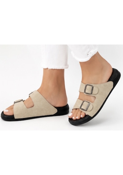 N Napa Shoe Pld.5002k.bej Napa Shoe Kadın Çift Tokalı Comfort Terlik Bej / Siyah Taban