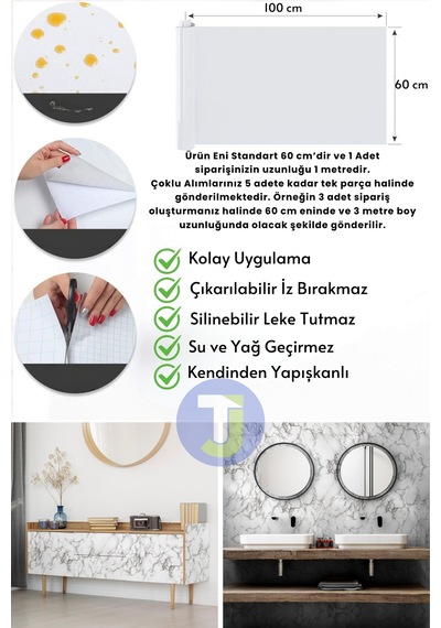 Technojet Kendinden Yapışkanlı Mermer Desen Folyo Mutfak Banyo Tezgah Duvar Kaplama 60cmx100cm Beyaz