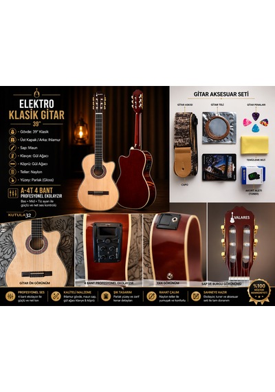 Qcg2303n Elektro Klasik Gitar 39 4 Bant Ekolayzırlı, Gül Ağacı Klavye Full Set: Askı, Tel, Pena, Capo, Tuner, Temizleme Bezi Hediye Natürel
