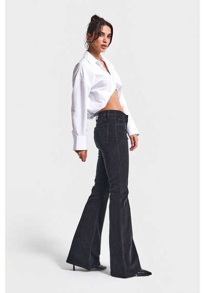 Itsbasic Kadın Siyah Renk 26w5-1 Low Waist Flare Fit İnce Fitilli Velvet Kadife Kumaş Pantolon
