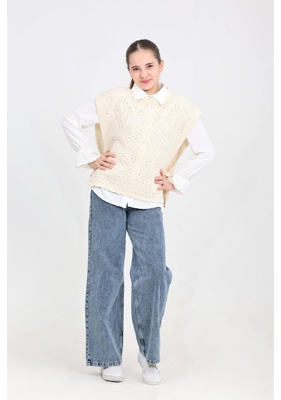 Modanino Kız Çocuk 3'lü Jean Takım Pantolon+gömlek+triko Yelek 5-15 Yaş 12545 Beyaz