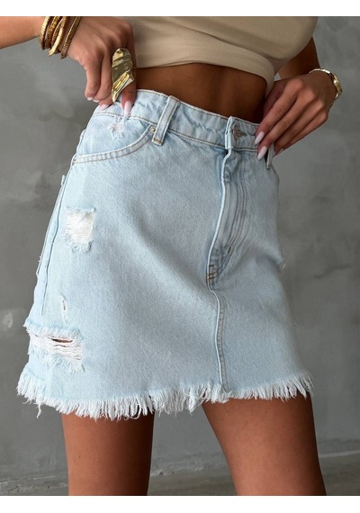 Herton Kadın Cepleri Yıpratmalı Saçaklı Pamuklu Denim Etek ÇoK Renkli