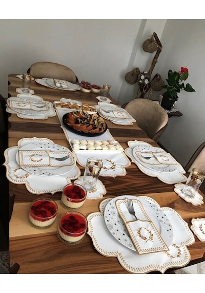Başak Krem Gold 12 Kişilik 37 Parça Masa Örtüsü Nakışlı Deri Runn
