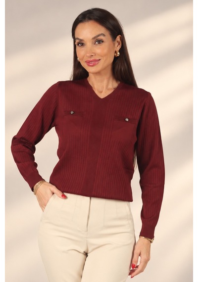 By Saygı Kadın V Yaka Düğme Detaylı Fitilli Triko Bluz Bordo