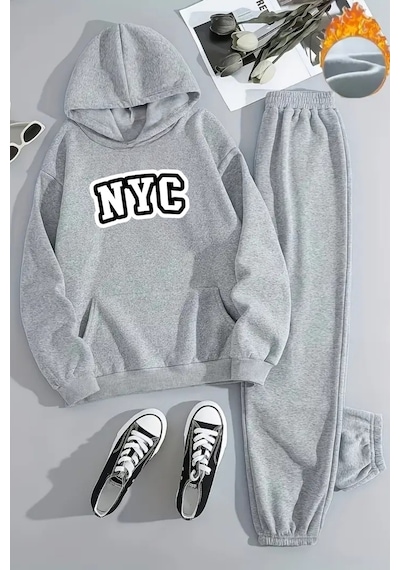 Unisex Nyc Baskılı Kapüşonlu Gri Eşofman Takımı - Kışlık Şardonlu Kumaş Gri