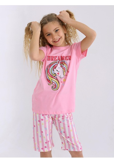 Kız Çocuk Kısa Kollu Kapri %100 Pamuklu Pijama Takımı Dreamer Girl Koyu Pembe