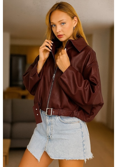 Prifaldi Oversize Bomber Deri Ceket Bordo
