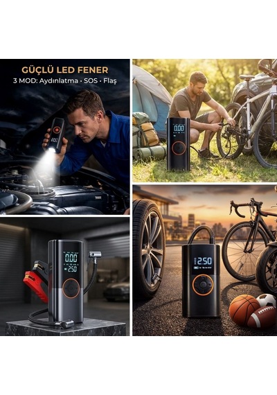 Akü Takviye Cihazı Ve Lastik Şişirme Pompası Powerbank Özellikli, Dijital Ekranlı Sos Fenerli Taşınabilir Kompresör Sarı