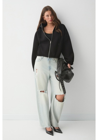 ETHIQUET VA IT Kadın Çift Cepli Eteği Ve Kol Ucu astikli Fermuarlı Oversize Siyah Sweatshirt