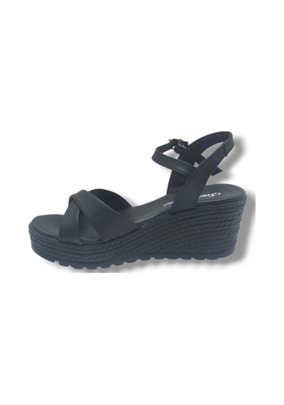 Şanzelize K302-26 Cilt Çapraz Bant Dolgu Taban Kadın Sandalet Siyah