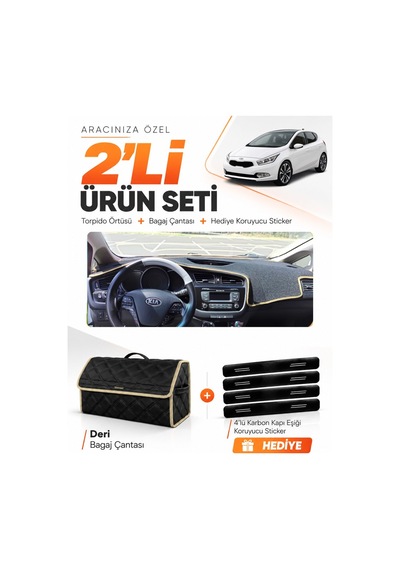 Kia Ceed 2013-2019 Uyumlu Torpido Örtüsü + Deri Bagaj Çantası + Sticker Seti - Siyah Bej