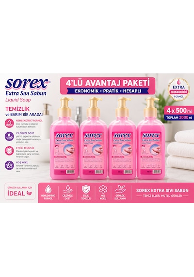 Sorex Extra Sıvı Sabun 500 Ml X4 Set El Temizleme Sabunu