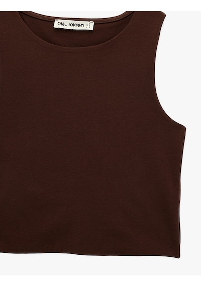 Koton Kolsuz Bisiklet Yaka Slim Fit Crop Bluz Kahverengi 6sal30050ık Kahve