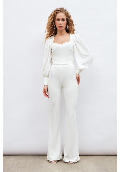 Sateen İspanyol Paça Pantolon - Ekru-132916 Ekru