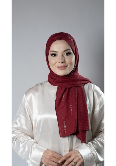 Hürrem Bone Bordo Pratik Hazır Geçmeli Tesettür Şal Örme Kumaş Taşlı Yıldız Desenli 2118y 16