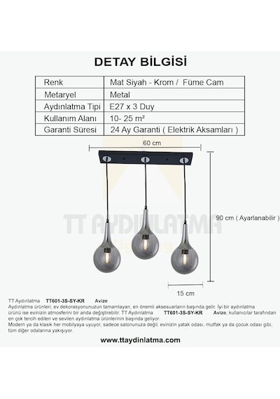 Tt601-3s-sy-kr Tt Ayd. Mat Siyah - Krom 3 Lü Uzun Hunili Sıralı A Siyah - Krom - Füme