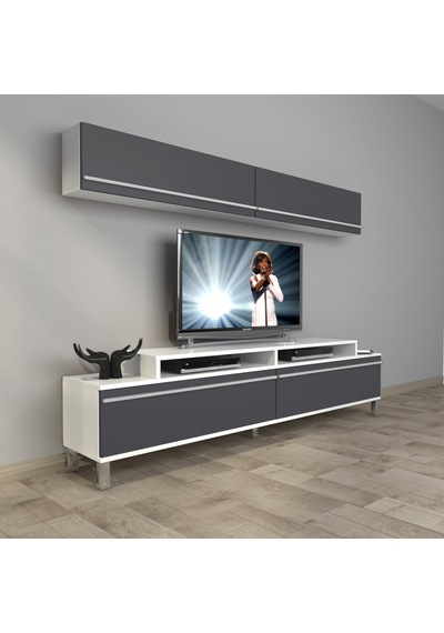 Decoraktiv Ekoflex 5 Mdf Krom Ayaklı Tv Ünitesi Tv Sehpası Beyaz - Antrasit
