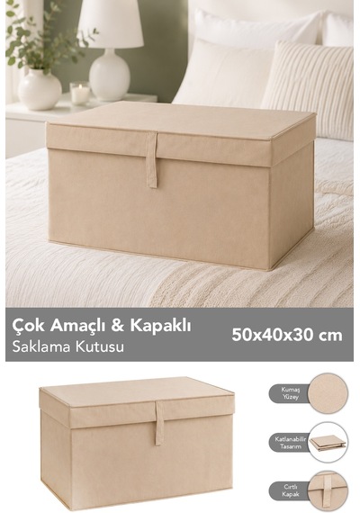 Maxi Boy Hurç - Çok Amaçlı Organizer Kapaklı Saklama Kutusu 50x40x30cm Bej