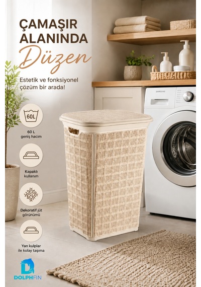 Jute Kirli Çamaşır Sepeti 60 L 46x40x58 Cm Oyuncak Saklama Taşıma Banyo Düzenleyici Sepet Bej
