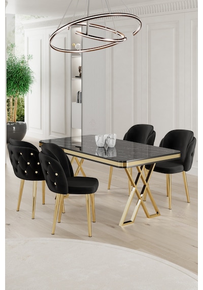 Canisa Rigel Serisi 80x130 Lak Panel Siyah Mermer Desen Masa Takımı Gold Ayaklı 4 Siyah Sandalye Masa Siyah Mermer Desen Sandalye Siyah