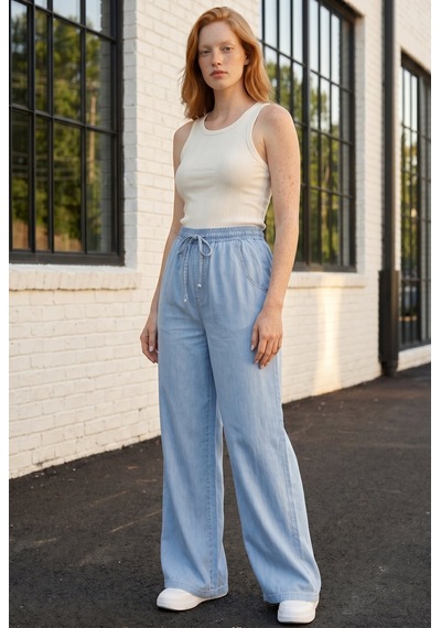 Soulshae Yüksek Bel Beli Lastikli Denim Pantolon Mavi 1