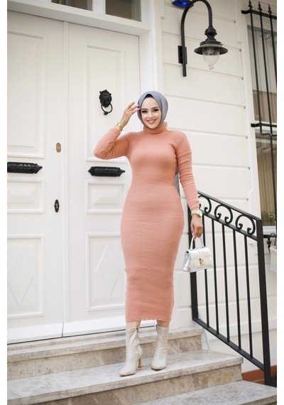 Hira Life Fashion Kadın Elbise Tesettür Giyim Balıkçı Yaka Ve Dar Kesim Triko Kalem Elbise Pudra Pudra Hira Life Fashion Kadın Elbise Tesettür Giyim Balıkçı Yaka Ve Dar Kesim Triko Kalem Elbise Pudra Pudra
