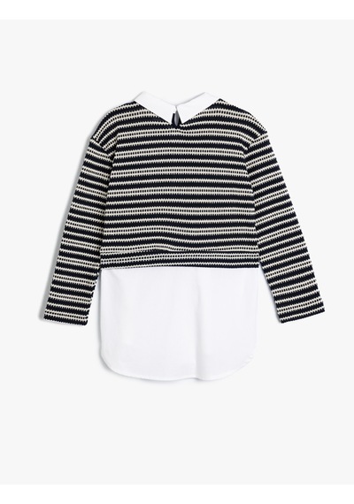 Koton Gömlek Detaylı Sweatshirt Çift Kumaş Detaylı Lacivert Çizgili 5wkg10350ak 7s2