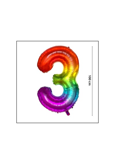 3 Yaş Rakam Folyo Balon. 100 CM - Gökkuşağı