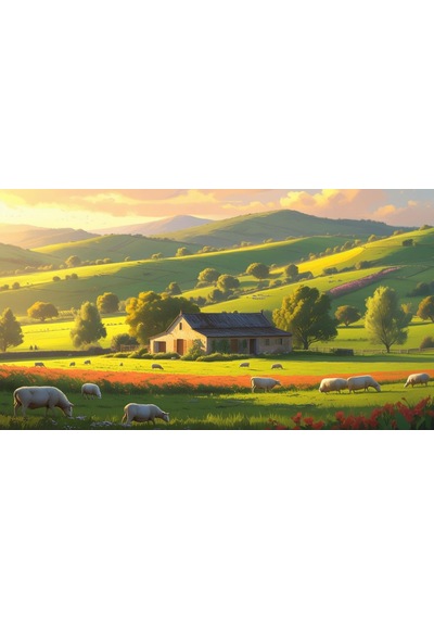 Doğa Ve Manzara Yatay Küçük Çiftlik Evi Yeşil Tepeler, Çiçek Açmış Tarlalar Doğa Ve Huzur 01 Çerçevesiz 90x60cm Pvc Tablo