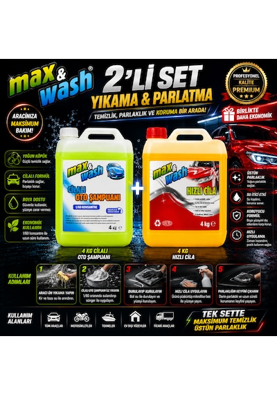 Max&wash 2'li Profesyonel Araç Bakım Seti 4 Kg Cilalı Oto Şampuan + 4 Kg Hızlı Cila Parlaklık, Koruma Ve Güçlü Temizlik