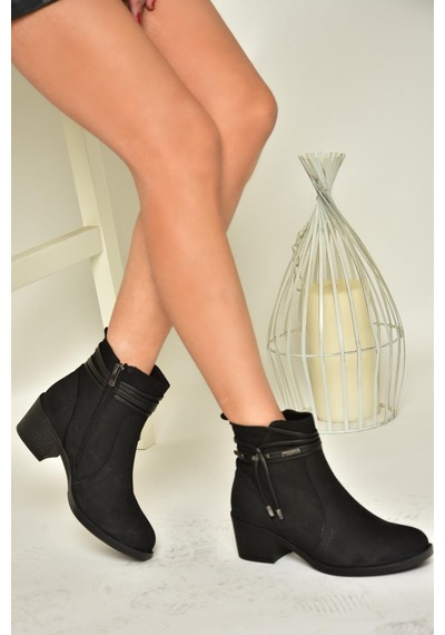 Fox Shoes T555703303 Siyah Hakiki Deri Kalın Topuklu Kadın Bot Siyah