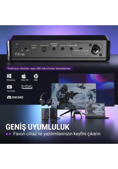 Fifine Ampligame Sc8 Usb Oyuncu Ses Mikseri Beyaz