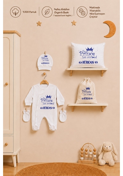 Pia Baby İsme Özel Hastane Çıkışı %100 Pamuk Erkek Bebek Organik Baskılı Tulum Set Keseli Hediyelik 2033tybkyx Krem