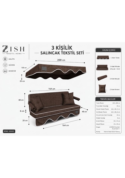 Altaleno 3 Kişilik 164 48 Cm Süngerli Bahçe Balkon Salıncak Minderi Yıkanabilir Kılıflı, Tenteli Keten Kumaş Tekstil Seti 24 Dns 8 Cm Orta Sert Sünger Kahverengi
