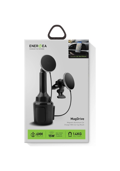 Energea Magdrive 2in1 Izgara Klipsli Ve Bardaklık Bölgesine Takma Aparatlı 15w Kablosuz Şarjlı Manyetik Magsafe Araç Tutucu - Siyah