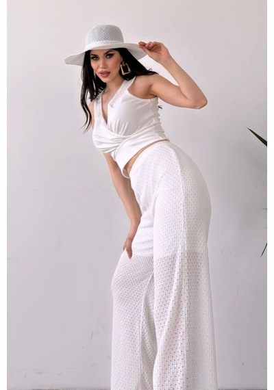 Tane Tasarım Kruvaze Yaka Crop Bluz Ve File Detaylı Pantolon Triko İkili Alt Üst Takım Beyaz Beyaz