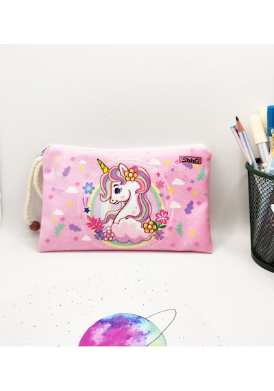 Bahar Unicorn Çiçekli Desenli Kalem Kutusu Yıkanabilir Bez Kalemlik Pembe