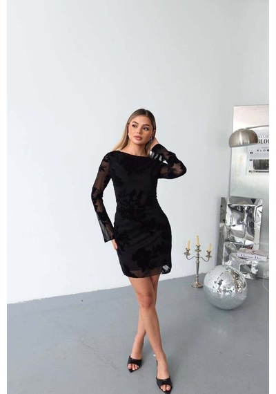 Kechi Woman Tül Kabartmalı Astarlı Mini Elbise Siyah Siyah