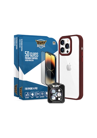 Buff Apple Uyumlu iPhone 14 Pro Avantaj Paket - 2x5d Ekran Koruyucu + Air Bumper Kılıf + Lens Koruyucu Bordo