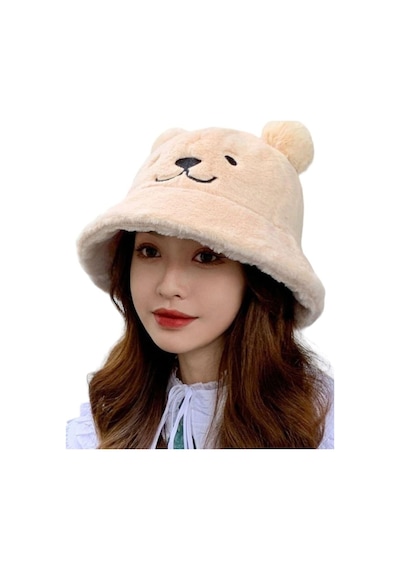 Uniquetrenders Kadın Sevimli Ayı Kulak Peluş Bucket Şapka Bej