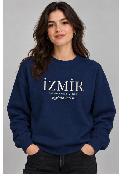 Gıovera İzmir Şehir Koleksiyonu Pamuklu Bisiklet Yaka Kadın Sweatshirt Lacivert