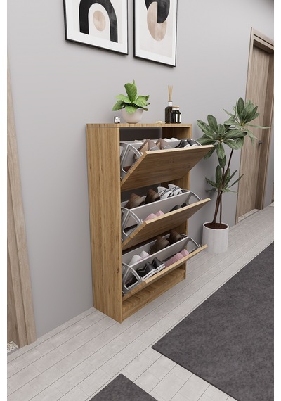 Mirobi Kembe 3 Bölmeli Açılır Modern Dekoratif Ayakkabılık Çam Çam