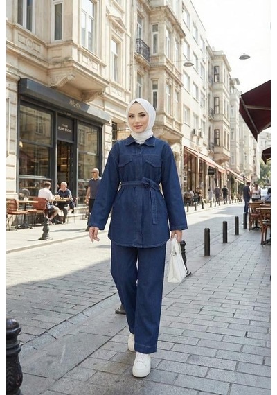 Hb Harma Time Butik Kadın Cep Detaylı, Düğmeli Ve Kuşaklı Lacivert İkili Takım
