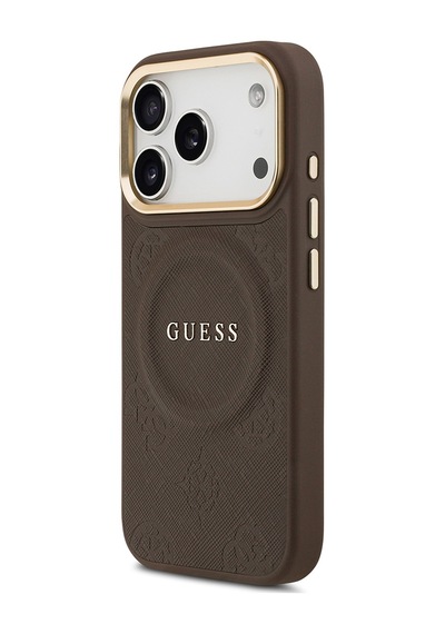 Apple Uyumlu iPhone 17 Pro Kılıf Guess Lisanslı M-safeli Sıcak Baskı Yazı Logolu Pu Deri Peony Kahverengi Kahverengi